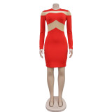 Sexy Solid Long Sleeve Round Neck Mesh Splicing Bodycon Dress