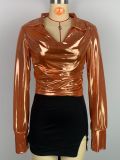 Fashion Shiny Metallic Slit Cuff Long Sleeve Turndown Collar Top