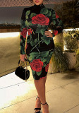 Plus Size Floral Print Black Long Sleeve Bodycon Dress