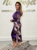 Print Purple V-Neck Long Sleeve Ruched Bodycon Dress
