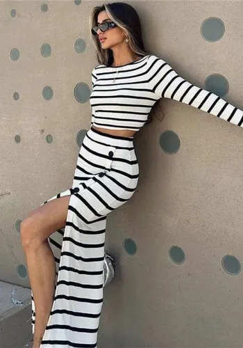 Striped Long Sleeve Crop Top and Button Skirt 2PCS Set