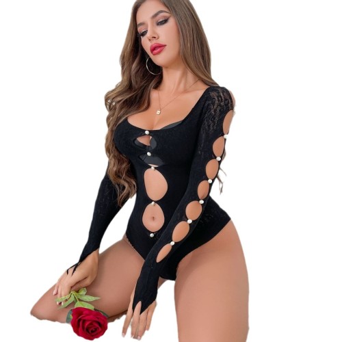 Pearl Long Sleeve Mesh Hollow Out Sexy Lingerie