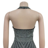 Solid Rhinestone Mesh Sleeveless Maxi Dress