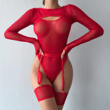 Sexy See-Through Mesh Contrast Long Sleeve Cami Bodysuit Sexy Lingerie 3PCS Set