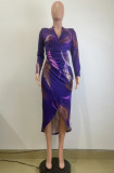 Print Purple V-Neck Long Sleeve Ruched Bodycon Dress
