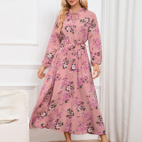 Floral Print Long Sleeve Ruffle Collar Maxi Dress