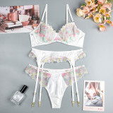 Womens Embroidered Floral Sexy Garter Lingerie Three-Piece Set