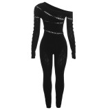 Sexy Hollow Jacquard Slash Shoulder Long Sleeve Fitted Jumpsuit