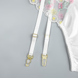 Womens Embroidered Floral Sexy Garter Lingerie Three-Piece Set