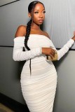 Off Shoulder Long Sleeve Ruched Mesh Mini Dress