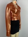 Fashion Shiny Metallic Slit Cuff Long Sleeve Turndown Collar Top