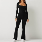Ribbed Square Neck Bell Bottom Casual Jumpsuit