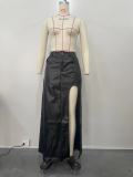 Black PU Leather High Slit Long Skirt