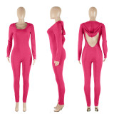 Hooded Cutout Back Shiny Long Sleeve Sexy Jumpsuit