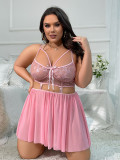 Plus Size Pink Lace Mesh Sexy See-Through Nightdress