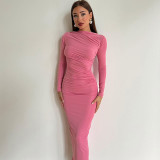 Sexy Slim Slit Back Solid Ruched Long Sleeve Dress