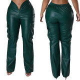 Casual Pockets Stretchy Straight Leg PU-Leather Pants