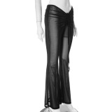Black See-Through Mesh Lace-Up Low Waist Bell Bottom Pants