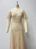 Straps Off Shoulder Mesh Embroidered Elegant Evening Dress