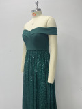 Green Off Shoulder Sequin Splicing Elegant Evening Dress