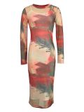 Sexy Abstract Print Mesh Long Sleeve Two-piece Dress