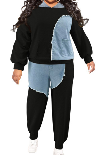 Plus Size Hoodie + Pants Washed Denim Patchwork Casual Tracksuit 2PCS Set