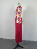 Fashion Print Flare Sleeve Top Pleated Skirt 2PCS Set