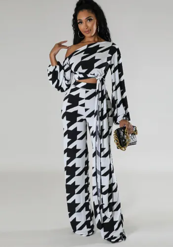 Fashion Printed Plaid Tie Front Slash Shoulder Top and Pants 2PC Set