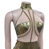 Fashion Metallic Mesh Patchwork Sexy Sleeveless Slit Party Dress