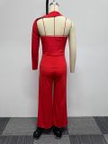 Sexy Red Slim-Fit Single Sleeved Top Wide Leg Pants 2PCS Set