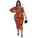 Plus Size Sexy Printed One Shoulder Long Sleeve Midi Dress