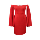 Elegant Red Off Shoulder Pleated Cape Sleeve Bodycon Dress