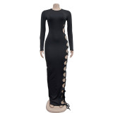 Sexy Hollow Lace-Up Solid Round Neck Bodycon Maxi Dress