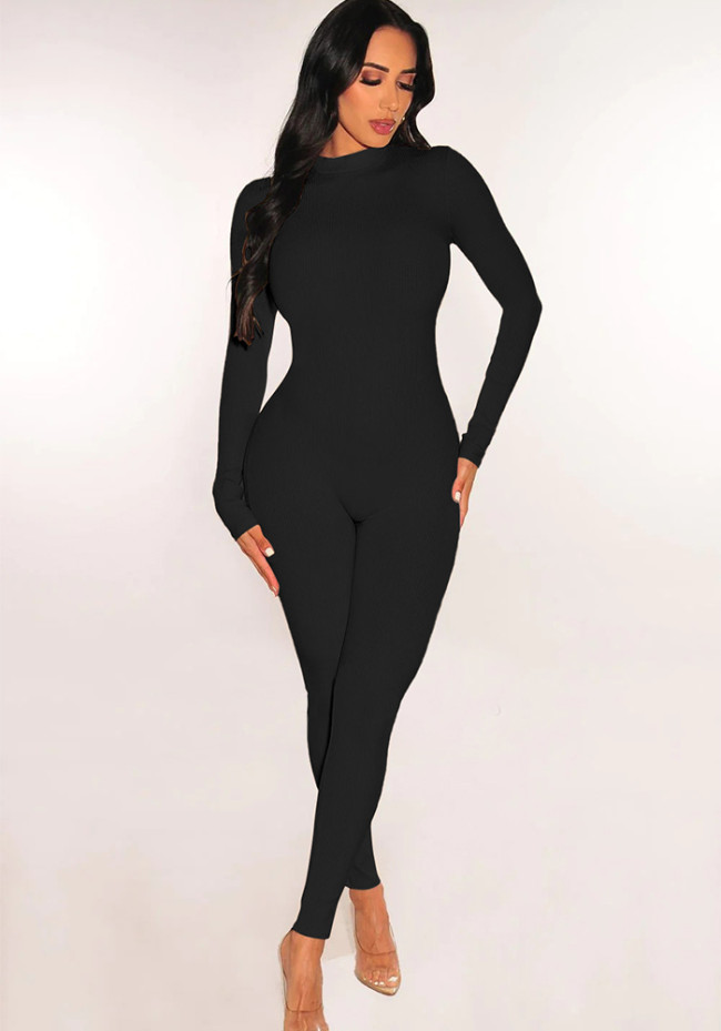 Ribbed Mock Neck Tight Sports Jumpsuit