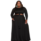 Solid Black Plus Size 's Fashion Casual Two Piece Skirt Set