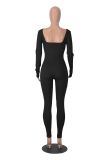 Solid Long Sleeve Ribbed Square Neck Low Back Sports Tight Jumpsuit