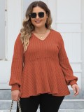 Plus Size Tops V-Neck Ribbed Lantern Sleeve Casual T-Shirt