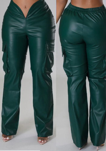 Casual Pockets Stretchy Straight Leg PU-Leather Pants