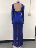 Sexy Sequin Long Sleeve Slit Maxi Eveing Dress