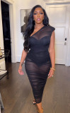 Black Glitter See Through One Shoulder Sleeveless Ruched Bodycon Dress