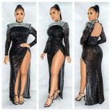 Sexy Sequin Long Sleeve Slit Maxi Eveing Dress