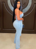 Stylish Sexy Strapless Low Back Ripped Denim Jumpsuit