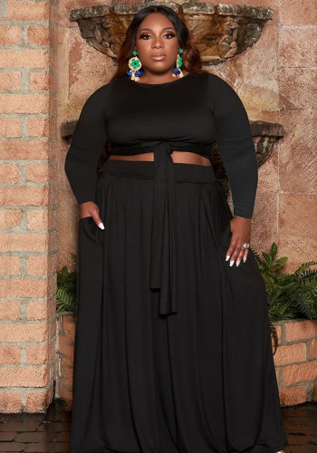 Solid Black Plus Size 's Fashion Casual Two Piece Skirt Set