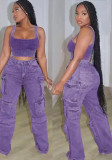 Purple Casual Tie Dye Denim Cargo Pants