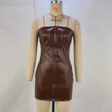 Strapless PU-Leather Zipper Winter Bodycon Dress