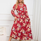 Floral Print Long Sleeve Ruffle Collar Maxi Dress