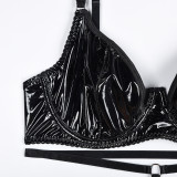 Black Patent PU-Leather Bra Pantie Sexy Lingerie Set(without gloves)