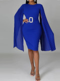 Blue Shawl Sleeve Midi Bodycon Dress