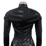 Solid Shiny Metallic PU Long Sleeve Ruched Maxi Dress