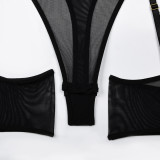 Sexy See-Through Mesh Contrast Long Sleeve Cami Bodysuit Sexy Lingerie 3PCS Set